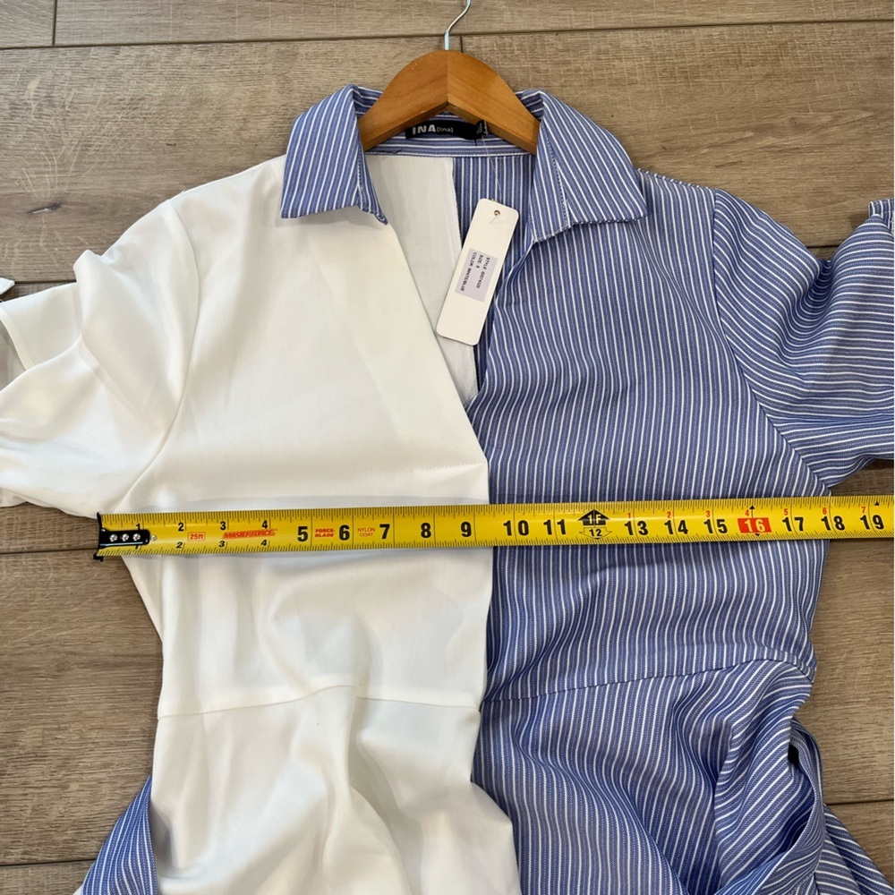 I:NA blue & white colorblock striped asymmetrical hem tie waist shirt dress NWT - Picture 14 of 16